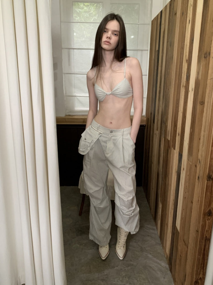 Lazy Striped Flower Bud Loose Shirt & Bra & Cargo Pants【s0000013394】