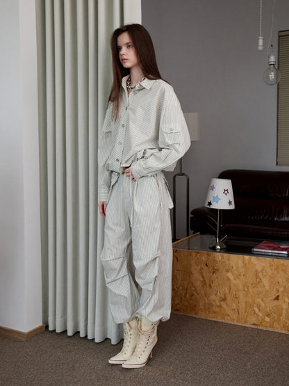 Lazy Striped Flower Bud Loose Shirt & Bra & Cargo Pants【s0000013394】