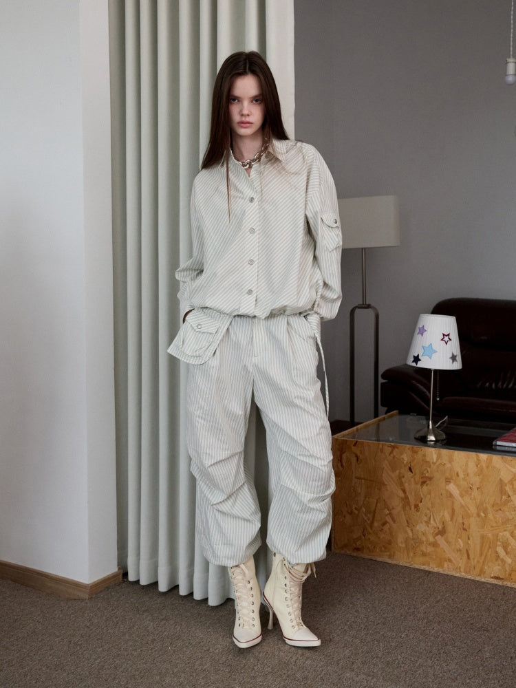 Lazy Striped Flower Bud Loose Shirt & Bra & Cargo Pants【s0000013394】