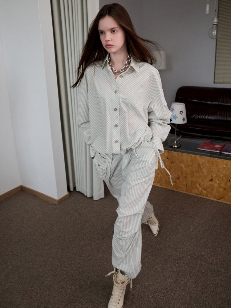 Lazy Striped Flower Bud Loose Shirt & Bra & Cargo Pants【s0000013394】