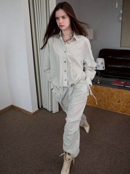 Lazy Striped Flower Bud Loose Shirt & Bra & Cargo Pants【s0000013394】
