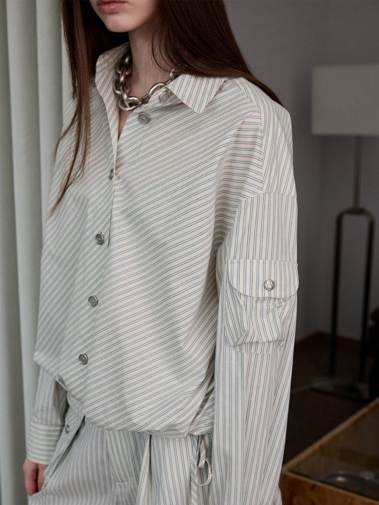 Lazy Striped Flower Bud Loose Shirt & Bra & Cargo Pants【s0000013394】