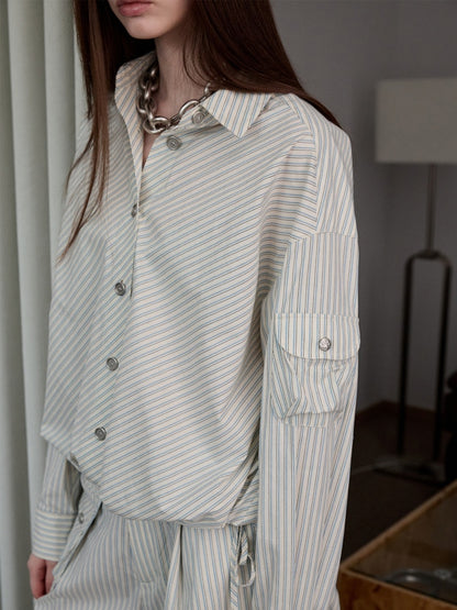 Lazy Striped Flower Bud Loose Shirt & Bra & Cargo Pants【s0000013394】