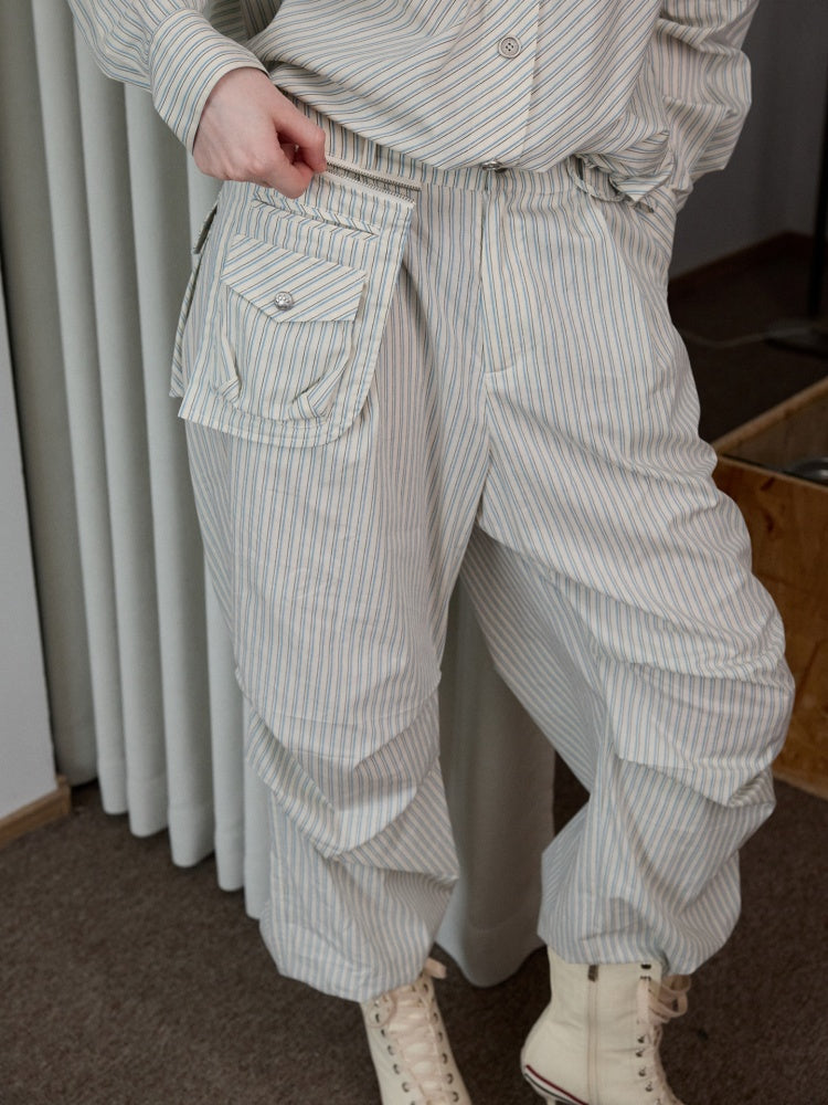 Lazy Striped Flower Bud Loose Shirt & Bra & Cargo Pants【s0000013394】