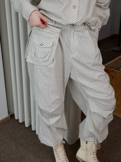 Lazy Striped Flower Bud Loose Shirt & Bra & Cargo Pants【s0000013394】