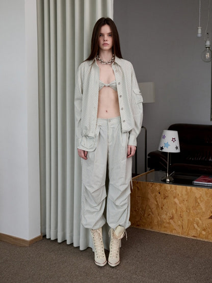 Lazy Striped Flower Bud Loose Shirt & Bra & Cargo Pants【s0000013394】