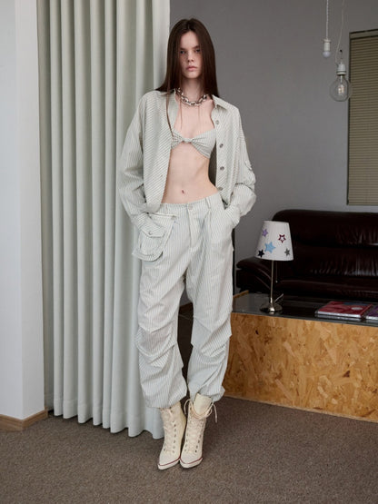 Lazy Striped Flower Bud Loose Shirt & Bra & Cargo Pants【s0000013394】