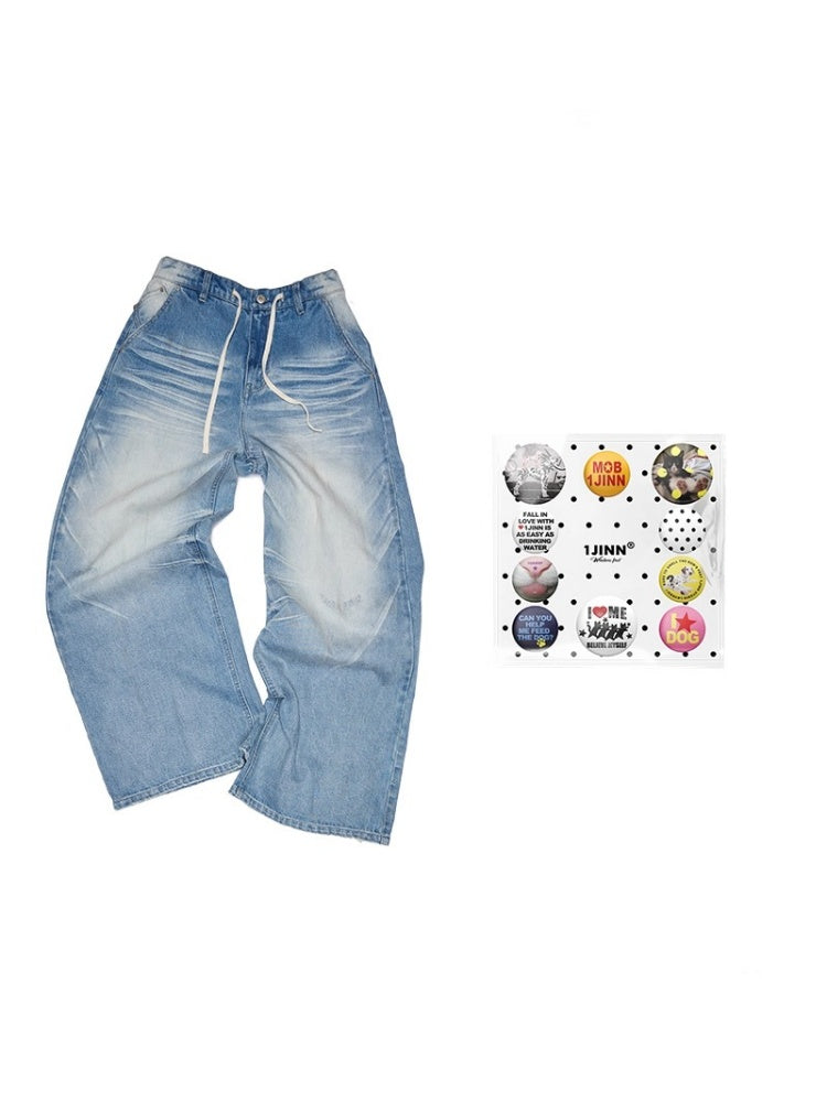 Mud Dyed Vintage Three Dimensional Cat Whiskers Scratch Wide Leg Pants & Badge【s0000013395】
