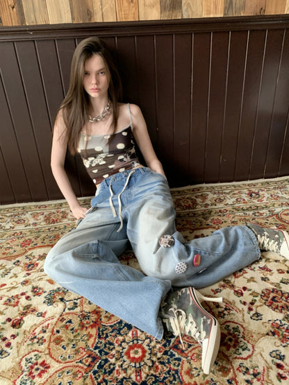 Mud Dyed Vintage Three Dimensional Cat Whiskers Scratch Wide Leg Pants & Badge【s0000013395】