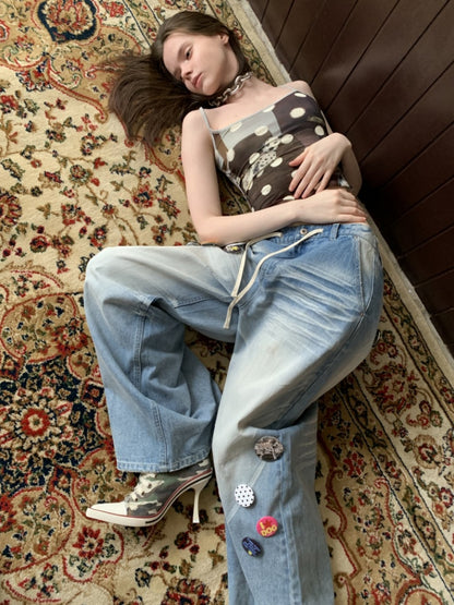 Mud Dyed Vintage Three Dimensional Cat Whiskers Scratch Wide Leg Pants & Badge【s0000013395】