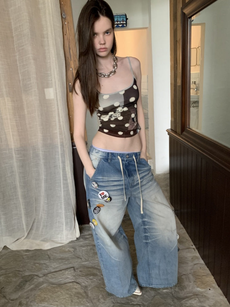 Mud Dyed Vintage Three Dimensional Cat Whiskers Scratch Wide Leg Pants & Badge【s0000013395】