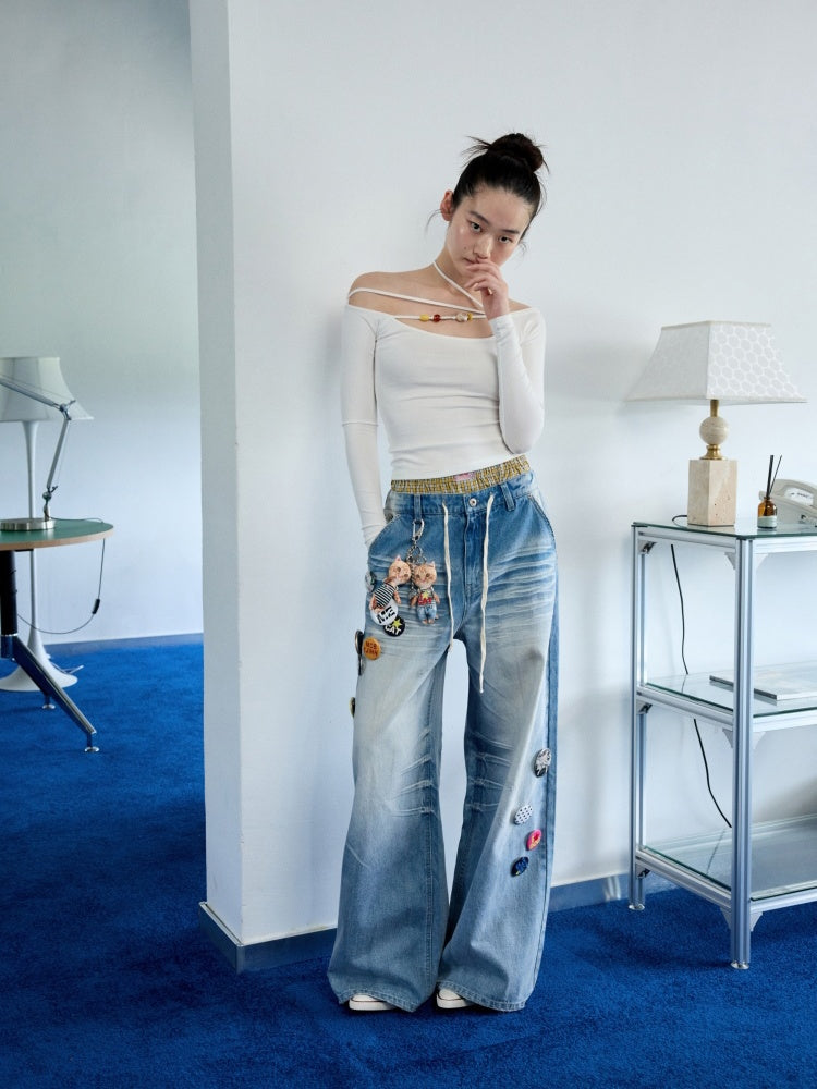 Mud Dyed Vintage Three Dimensional Cat Whiskers Scratch Wide Leg Pants & Badge【s0000013395】