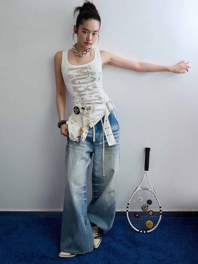 Mud Dyed Vintage Three Dimensional Cat Whiskers Scratch Wide Leg Pants & Badge【s0000013395】