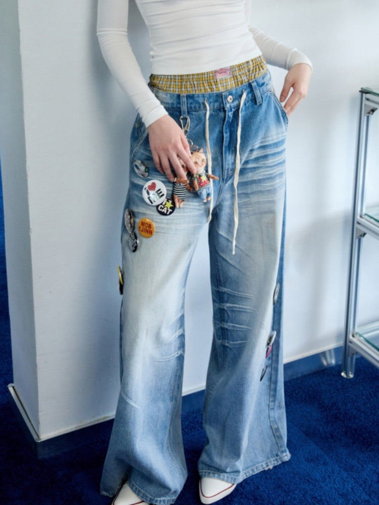 Mud Dyed Vintage Three Dimensional Cat Whiskers Scratch Wide Leg Pants & Badge【s0000013395】