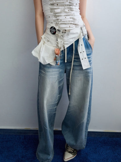 Mud Dyed Vintage Three Dimensional Cat Whiskers Scratch Wide Leg Pants & Badge【s0000013395】
