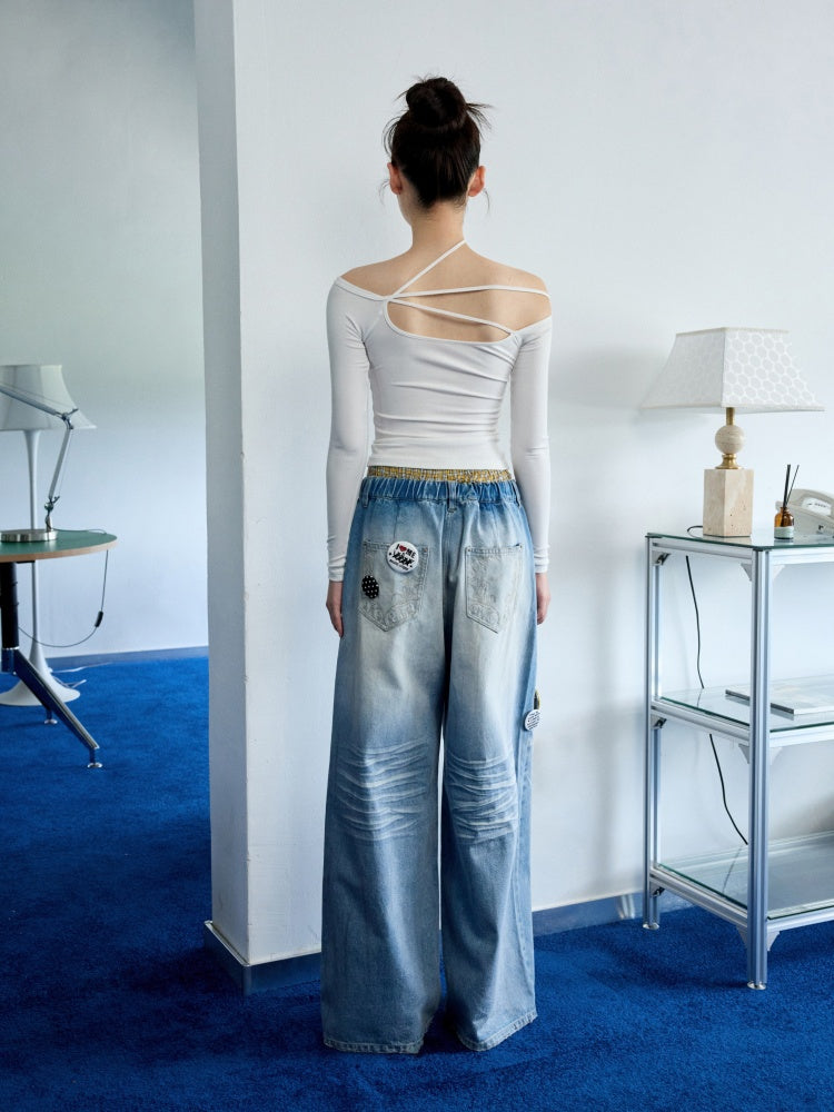 Mud Dyed Vintage Three Dimensional Cat Whiskers Scratch Wide Leg Pants & Badge【s0000013395】