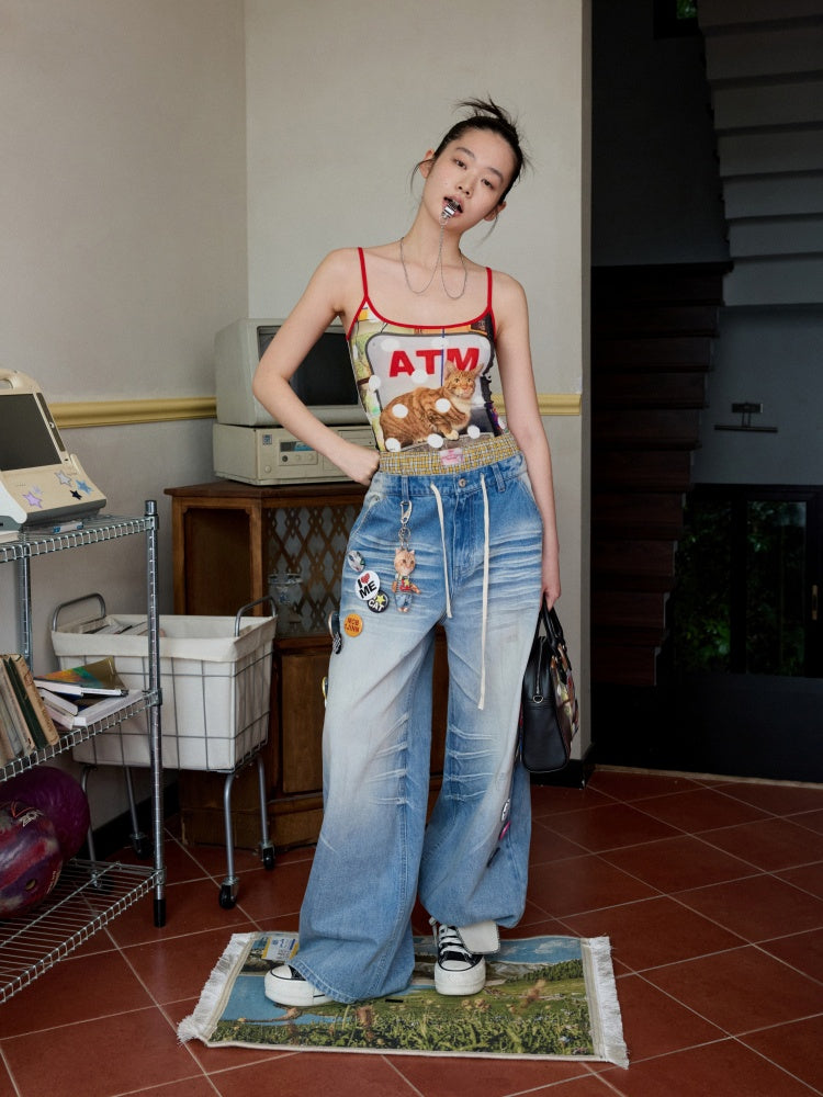 Mud Dyed Vintage Three Dimensional Cat Whiskers Scratch Wide Leg Pants & Badge【s0000013395】