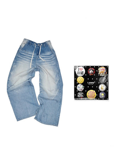 Mud Dyed Vintage Three Dimensional Cat Whiskers Scratch Wide Leg Pants & Badge【s0000013395】