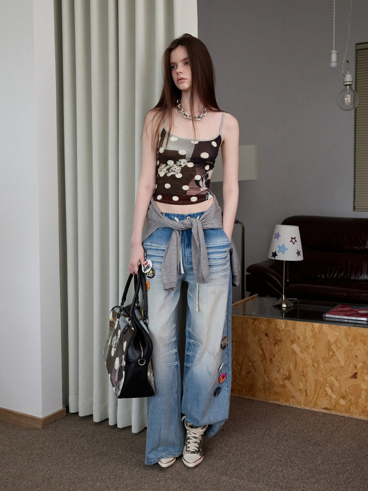 Mud Dyed Vintage Three Dimensional Cat Whiskers Scratch Wide Leg Pants & Badge【s0000013395】