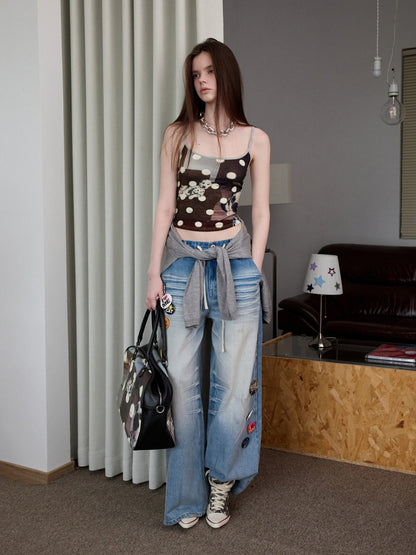 Mud Dyed Vintage Three Dimensional Cat Whiskers Scratch Wide Leg Pants & Badge【s0000013395】