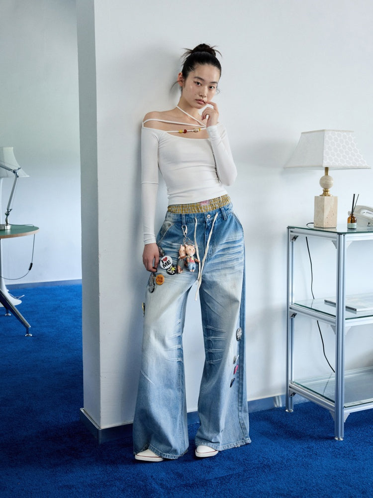 Mud Dyed Vintage Three Dimensional Cat Whiskers Scratch Wide Leg Pants & Badge【s0000013395】