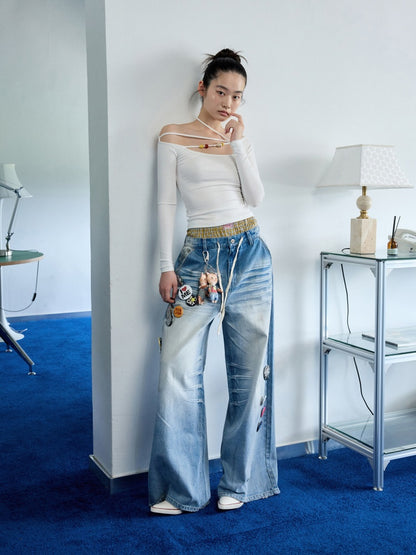 Mud Dyed Vintage Three Dimensional Cat Whiskers Scratch Wide Leg Pants & Badge【s0000013395】