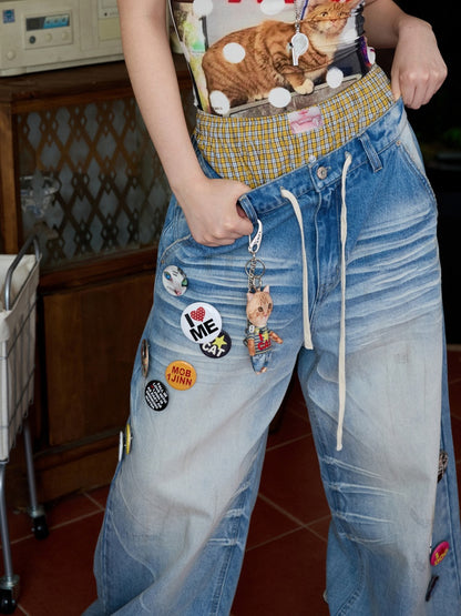 Mud Dyed Vintage Three Dimensional Cat Whiskers Scratch Wide Leg Pants & Badge【s0000013395】