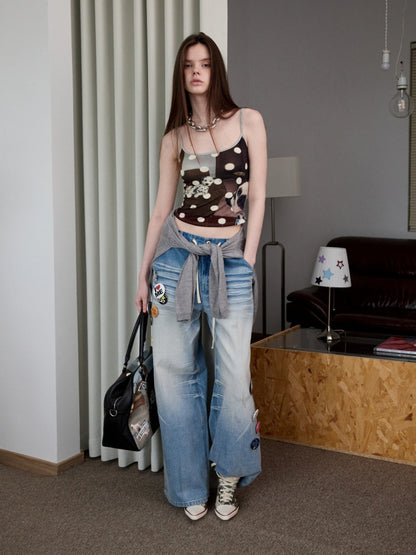 Mud Dyed Vintage Three Dimensional Cat Whiskers Scratch Wide Leg Pants & Badge【s0000013395】