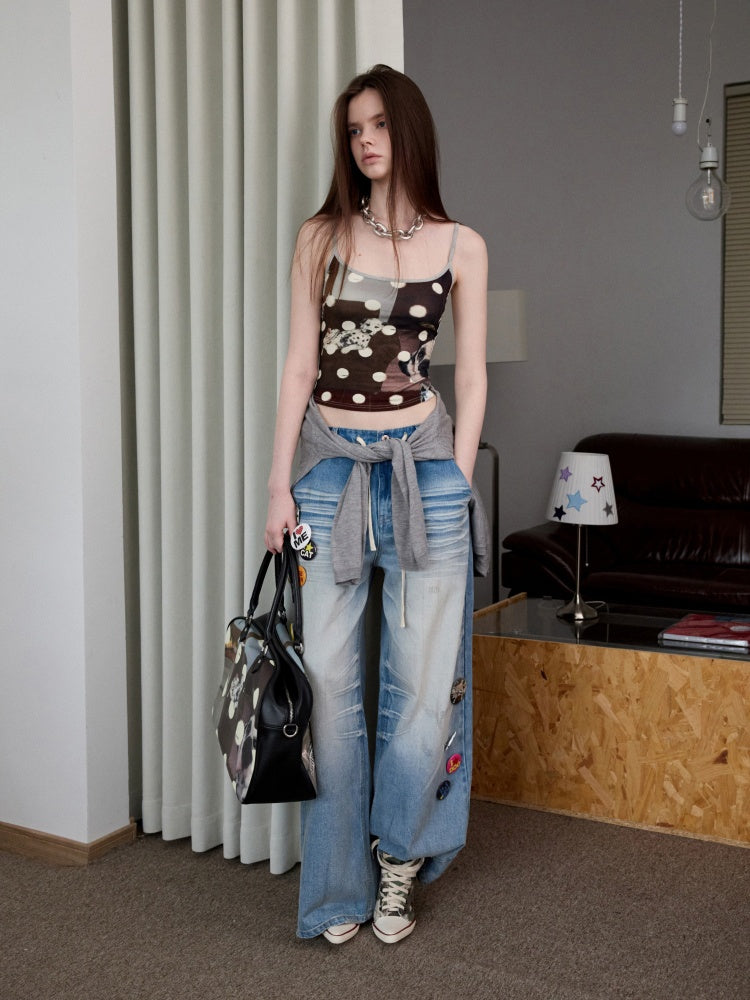 Mud Dyed Vintage Three Dimensional Cat Whiskers Scratch Wide Leg Pants & Badge【s0000013395】