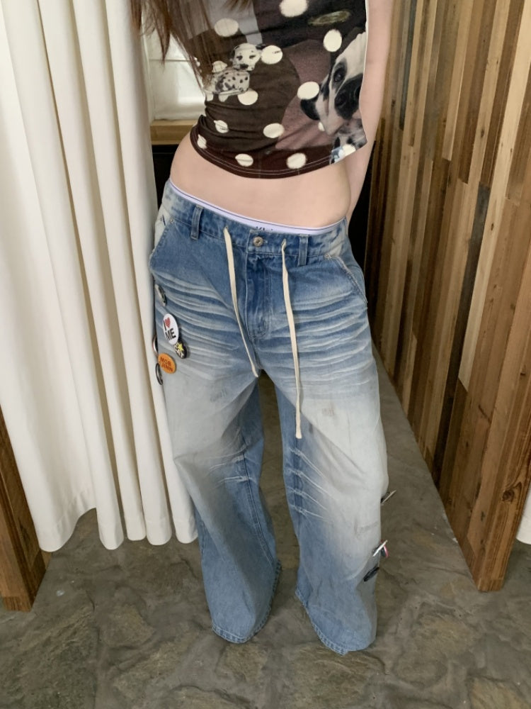 Mud Dyed Vintage Three Dimensional Cat Whiskers Scratch Wide Leg Pants & Badge【s0000013395】