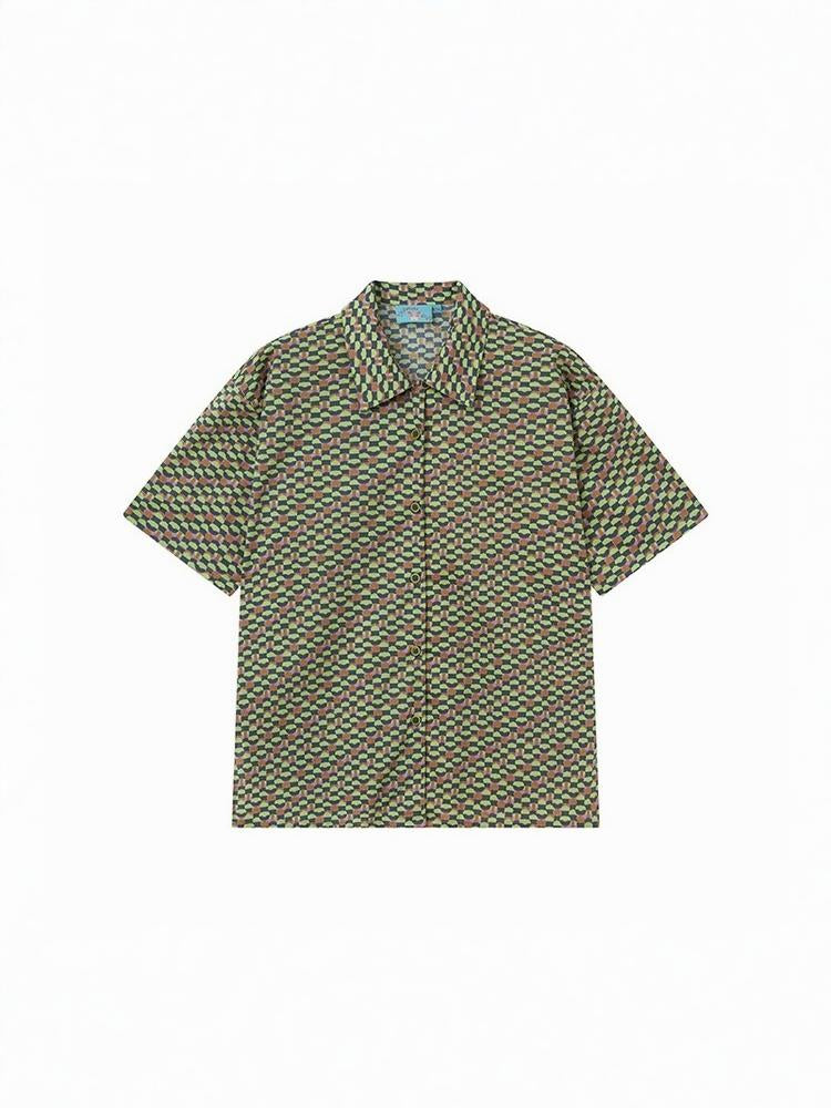 "Green Field Whisper" Full Print Plaid Short Sleeve Shirt【s0000013400】
