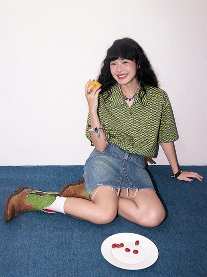 "Green Field Whisper" Full Print Plaid Short Sleeve Shirt【s0000013400】
