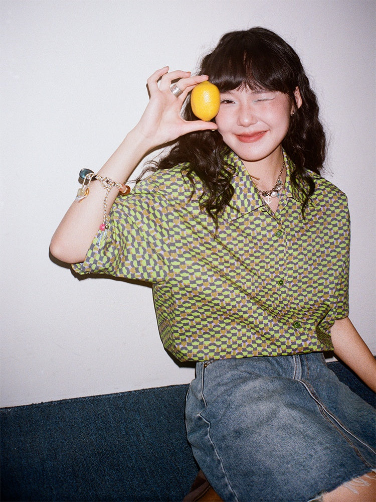 "Green Field Whisper" Full Print Plaid Short Sleeve Shirt【s0000013400】