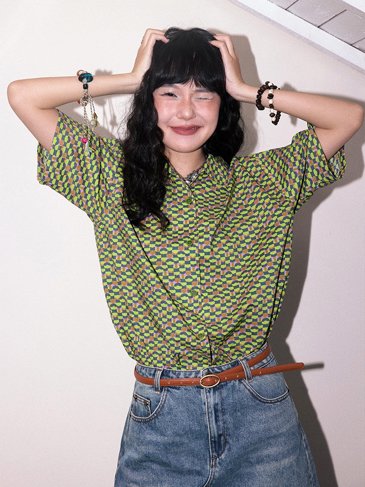 "Green Field Whisper" Full Print Plaid Short Sleeve Shirt【s0000013400】