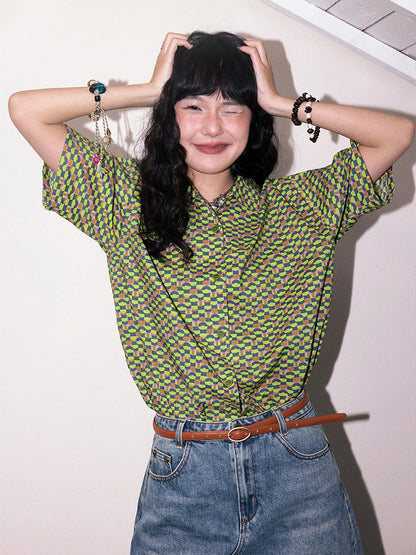 "Green Field Whisper" Full Print Plaid Short Sleeve Shirt【s0000013400】