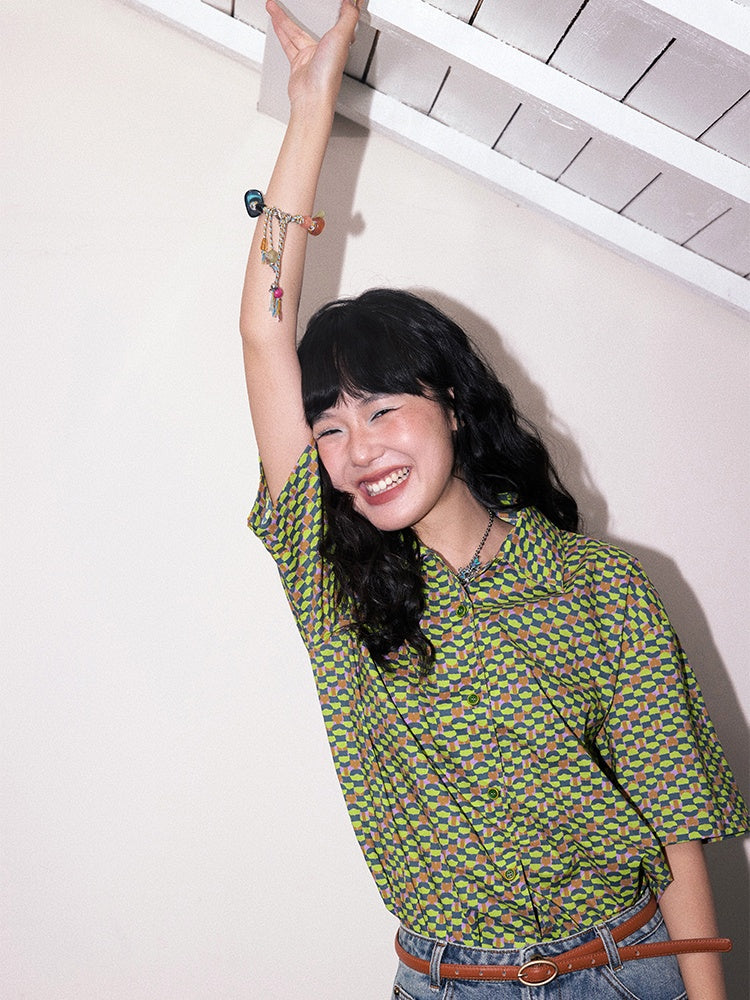 "Green Field Whisper" Full Print Plaid Short Sleeve Shirt【s0000013400】