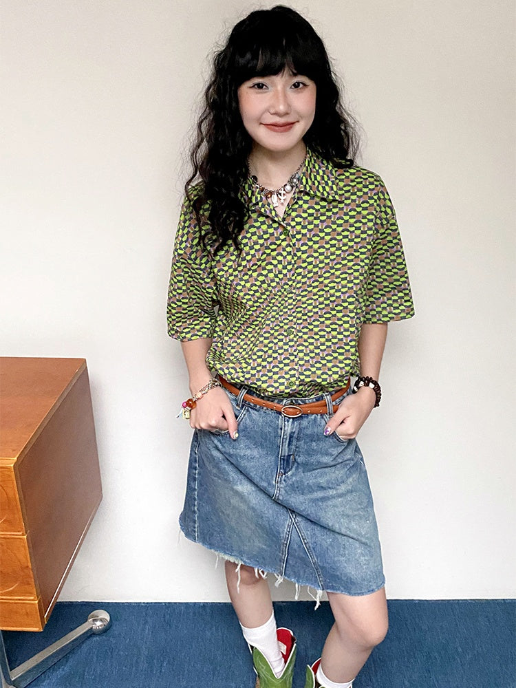 "Green Field Whisper" Full Print Plaid Short Sleeve Shirt【s0000013400】