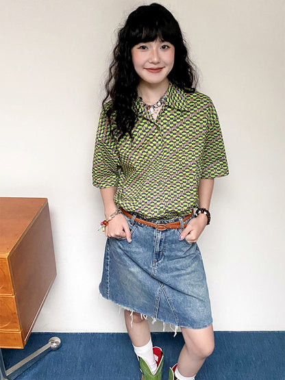 "Green Field Whisper" Full Print Plaid Short Sleeve Shirt【s0000013400】