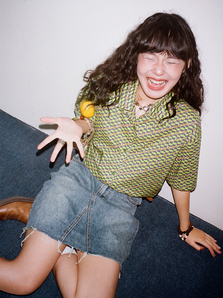 "Green Field Whisper" Full Print Plaid Short Sleeve Shirt【s0000013400】