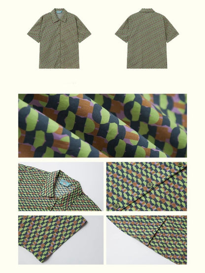 "Green Field Whisper" Full Print Plaid Short Sleeve Shirt【s0000013400】