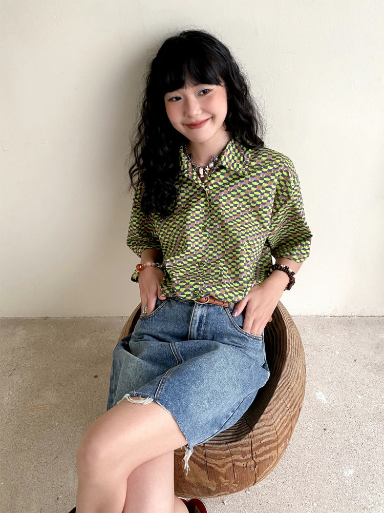 "Green Field Whisper" Full Print Plaid Short Sleeve Shirt【s0000013400】