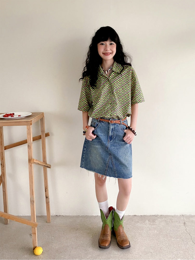 "Green Field Whisper" Full Print Plaid Short Sleeve Shirt【s0000013400】