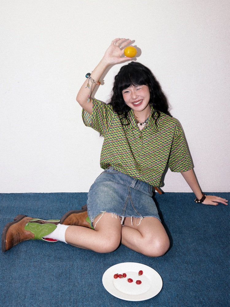 "Green Field Whisper" Full Print Plaid Short Sleeve Shirt【s0000013400】
