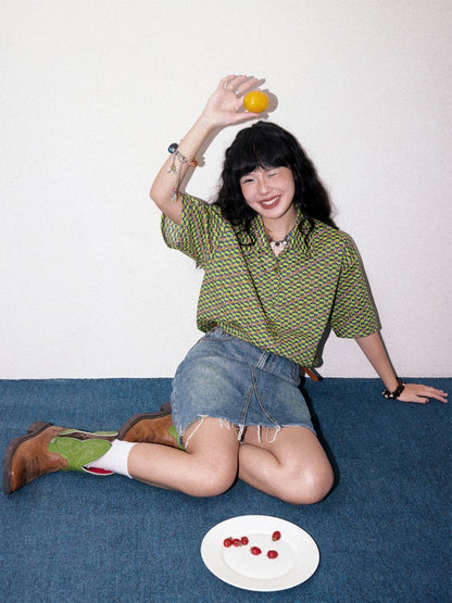 "Green Field Whisper" Full Print Plaid Short Sleeve Shirt【s0000013400】