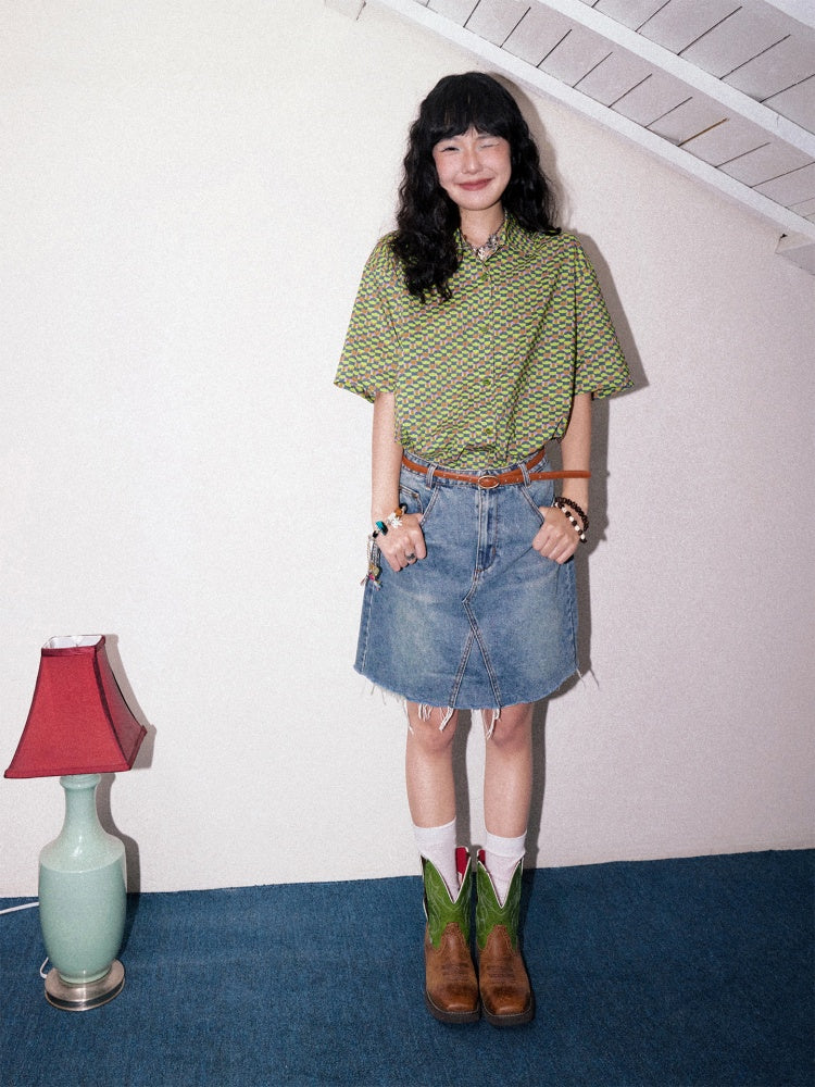 "Green Field Whisper" Full Print Plaid Short Sleeve Shirt【s0000013400】
