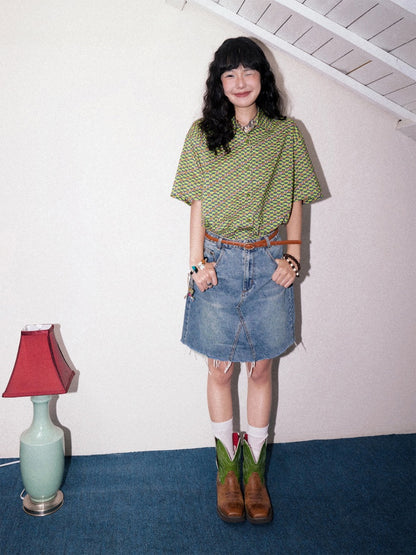"Green Field Whisper" Full Print Plaid Short Sleeve Shirt【s0000013400】
