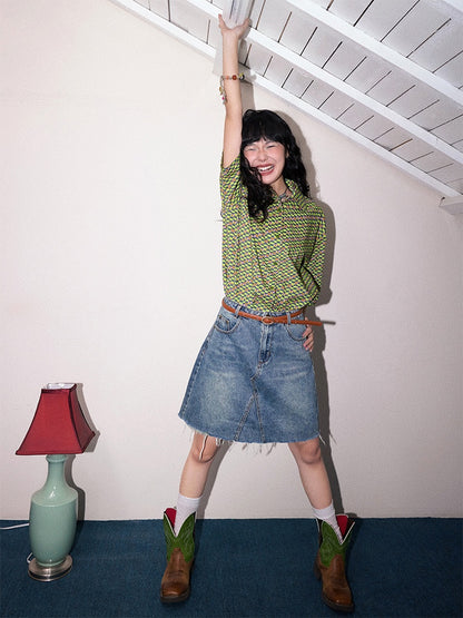 "Green Field Whisper" Full Print Plaid Short Sleeve Shirt【s0000013400】