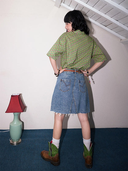 "Green Field Whisper" Full Print Plaid Short Sleeve Shirt【s0000013400】
