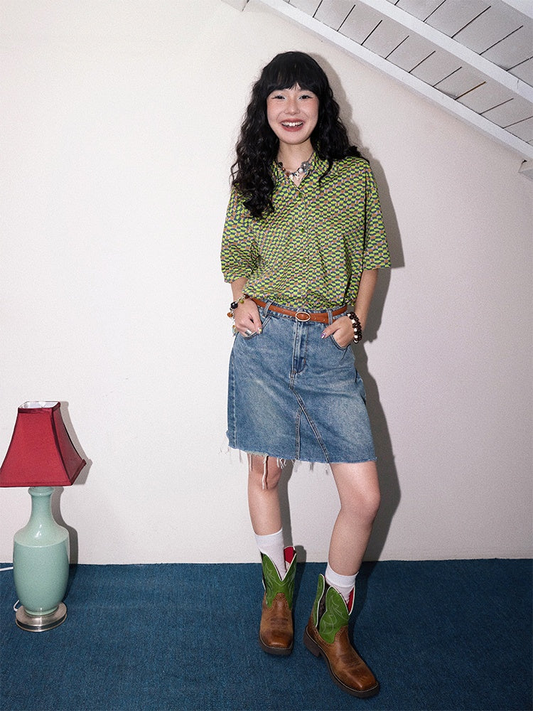 "Green Field Whisper" Full Print Plaid Short Sleeve Shirt【s0000013400】