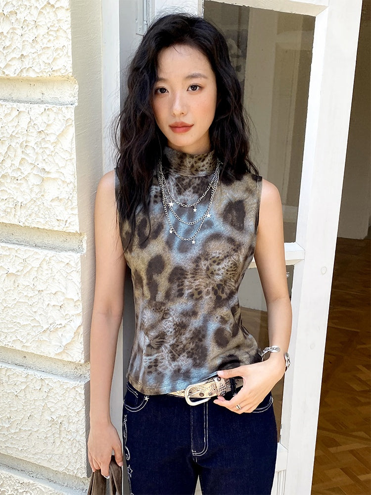 Leopard Print High Neck Sleeveless Tops【s0000013402】